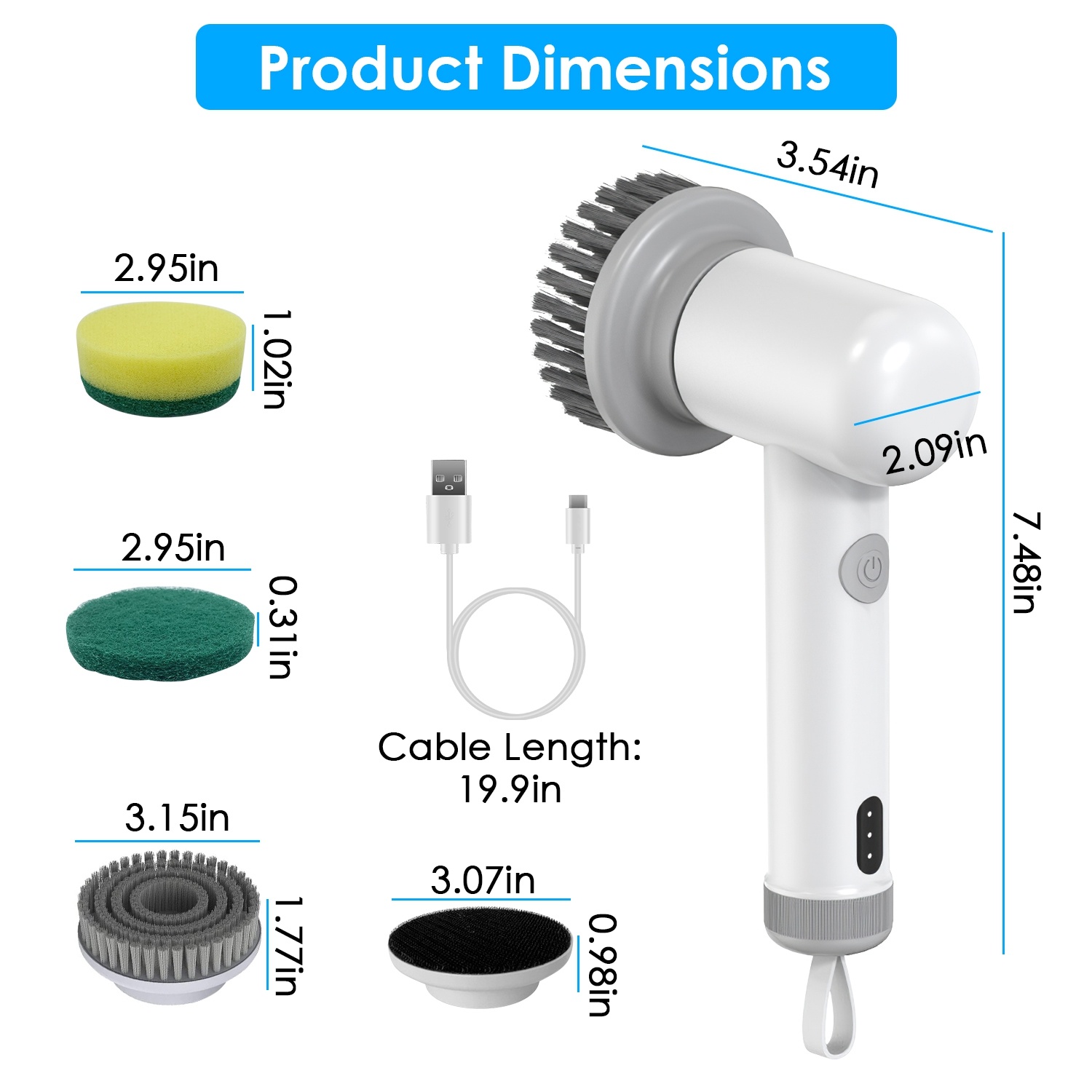 1Set Electric Handheld Spin Scrubber Cordless Cleaning Brush With 2 Rotating Speeds 3 Cleaning Brushes Rechargeable Shower Scrubber For Kitchen Dish Bathtub Sink Tile - Image 4