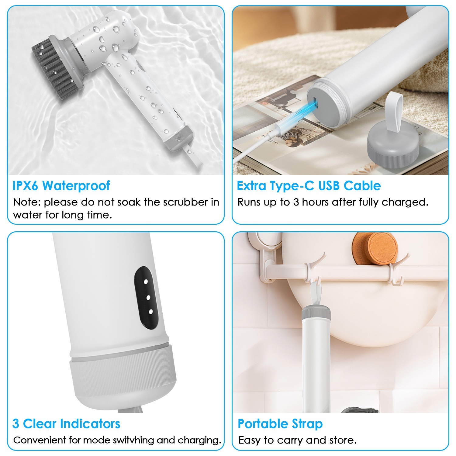 1Set Electric Handheld Spin Scrubber Cordless Cleaning Brush With 2 Rotating Speeds 3 Cleaning Brushes Rechargeable Shower Scrubber For Kitchen Dish Bathtub Sink Tile - Image 6