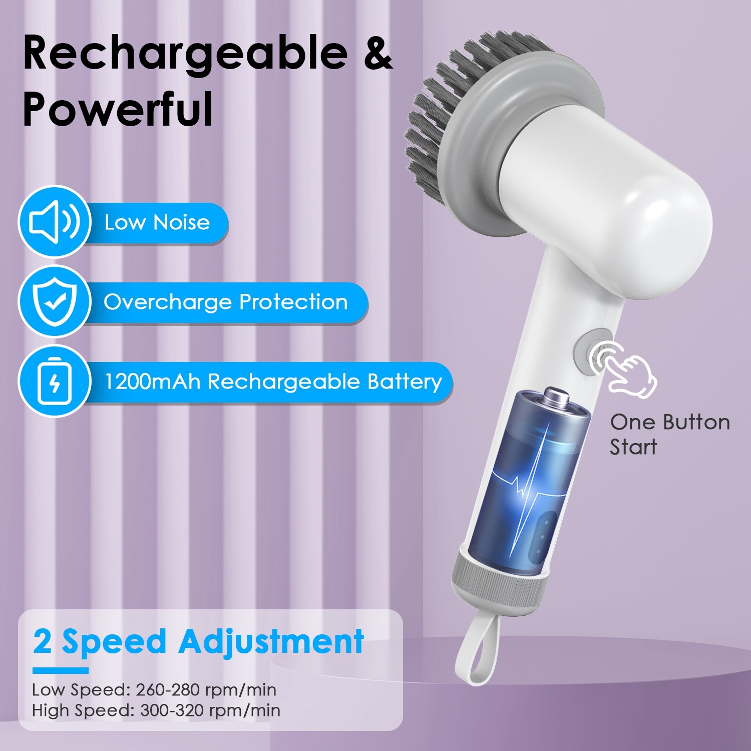 1Set Electric Handheld Spin Scrubber Cordless Cleaning Brush With 2 Rotating Speeds 3 Cleaning Brushes Rechargeable Shower Scrubber For Kitchen Dish Bathtub Sink Tile - Image 7
