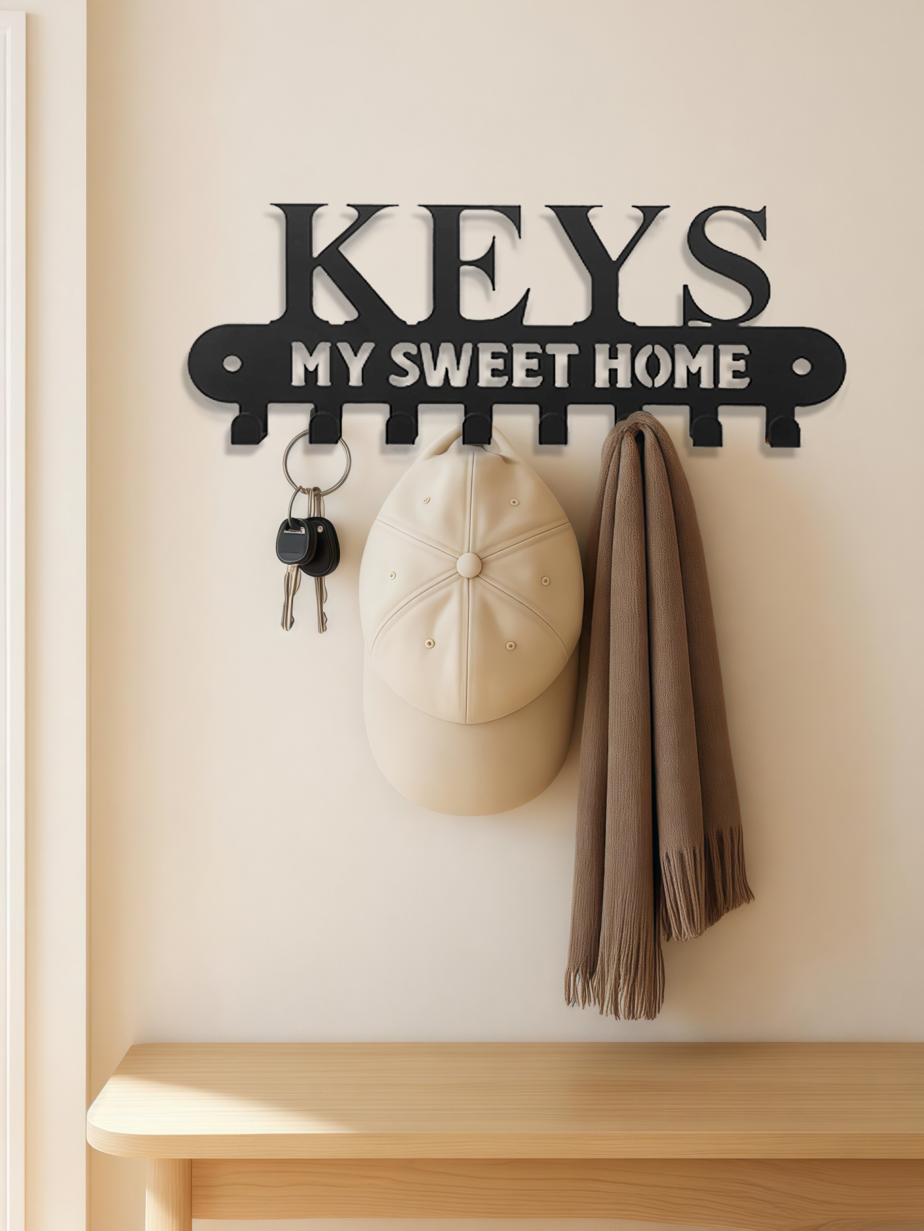 Sweet Home' Key Holder With Wall-Mounted Coat Rack-Metal ,Entryway Storage Rack - Image 4