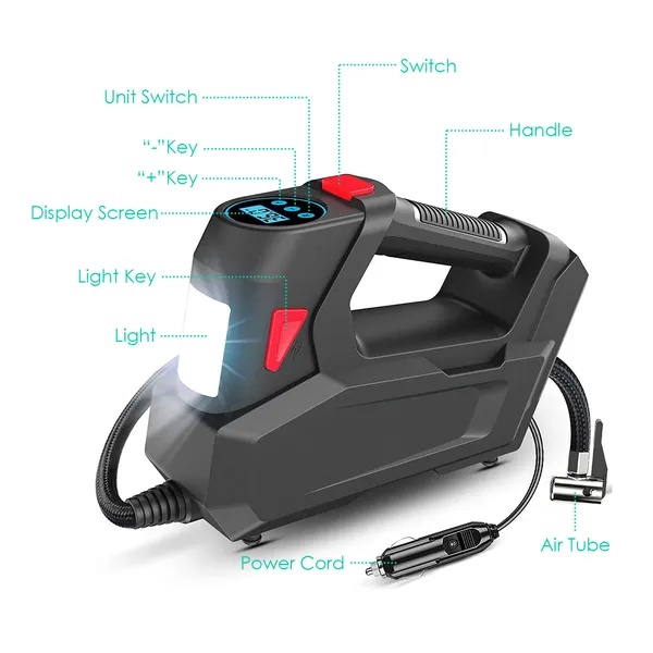 Portable Tire Inflator 120 PSI Maximum 90W Powered Tire With Digital Display LED Light