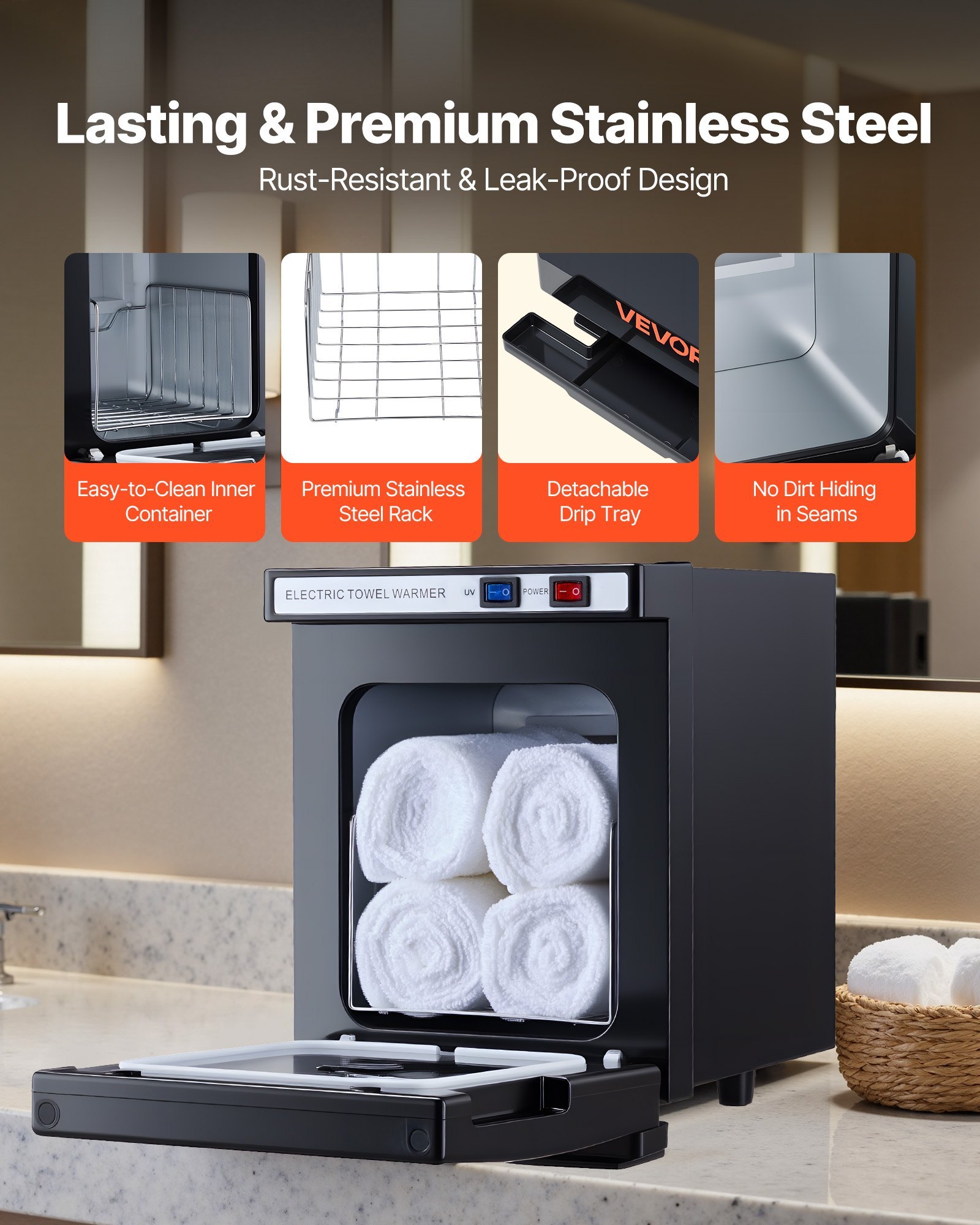 Hot Towel Warmer, 1.1 Gal Small Towel Warmer Cabinet With Clip & Stainless Steel Rack, Holds Up 8-12 Towels, Portable All-Round Heating Cabinet For Spa, Barber, Manicures, Massage, Salon, Black - Image 4
