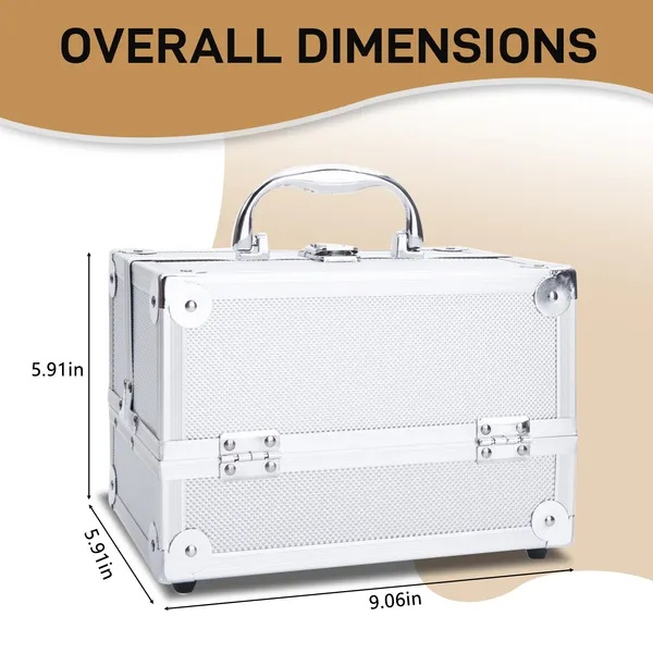 SM-2176 Aluminum Makeup Train Case Jewelry Box Cosmetic Organizer With Mirror 9'x6'x6' Silver - Image 5