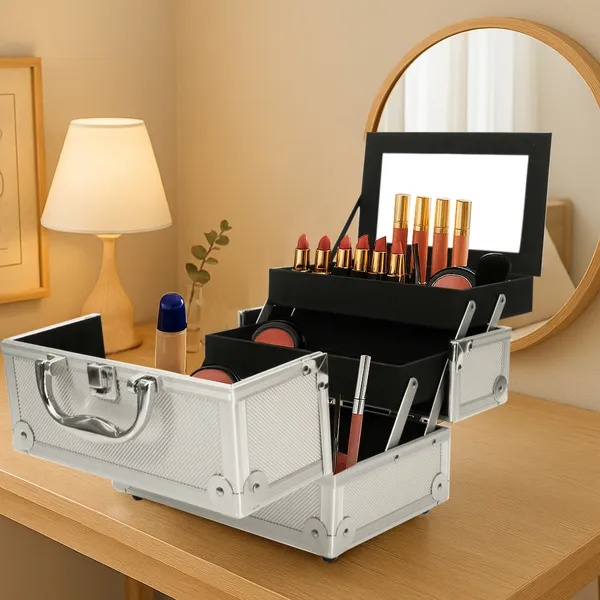 SM-2176 Aluminum Makeup Train Case Jewelry Box Cosmetic Organizer With Mirror 9'x6'x6' Silver - Image 3