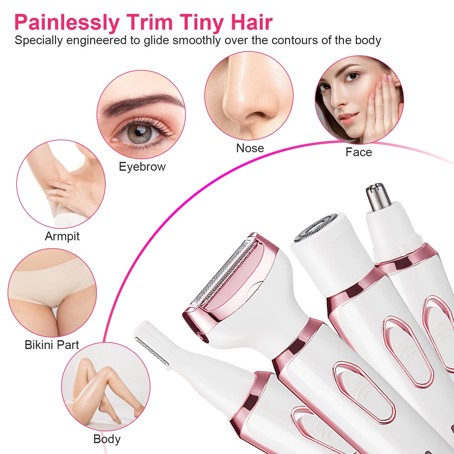 1Pc 4 In 1 Electric Razor For Women Summer Bikini Shaver Painless Grooming Kit Rechargeable Eyebrow Nose Hair Pubic Hair Bikini Trimmer Face Shaver - Image 3