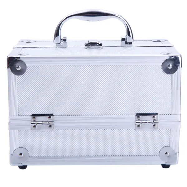 SM-2176 Aluminum Makeup Train Case Jewelry Box Cosmetic Organizer With Mirror 9'x6'x6' Silver - Image 4