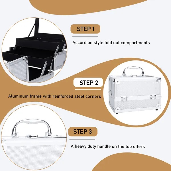 SM-2176 Aluminum Makeup Train Case Jewelry Box Cosmetic Organizer With Mirror 9'x6'x6' Silver - Image 2